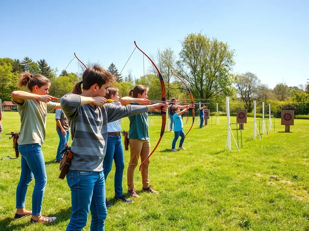 A group of archers of varying ages and skill levels participating in a beginner's archery class, with instructors providing guidance and support. The setting is an outdoor archery range with targets set at different distances.