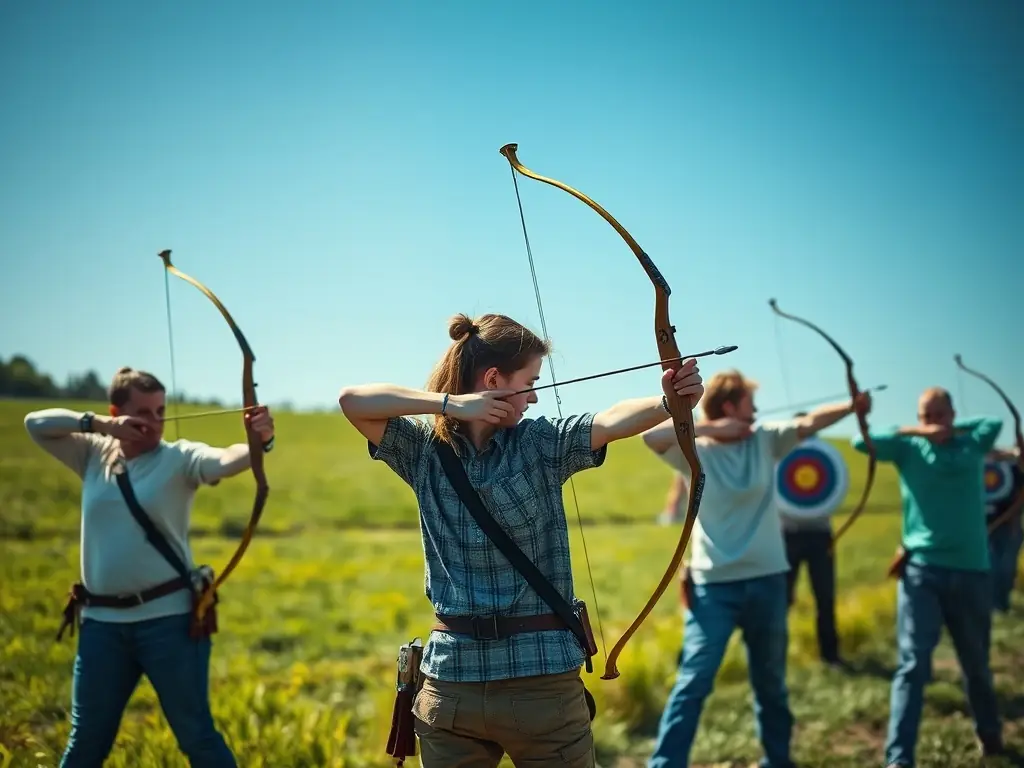 A group of archers participating in a friendly archery competition, showcasing the camaraderie and competitive spirit of the club.