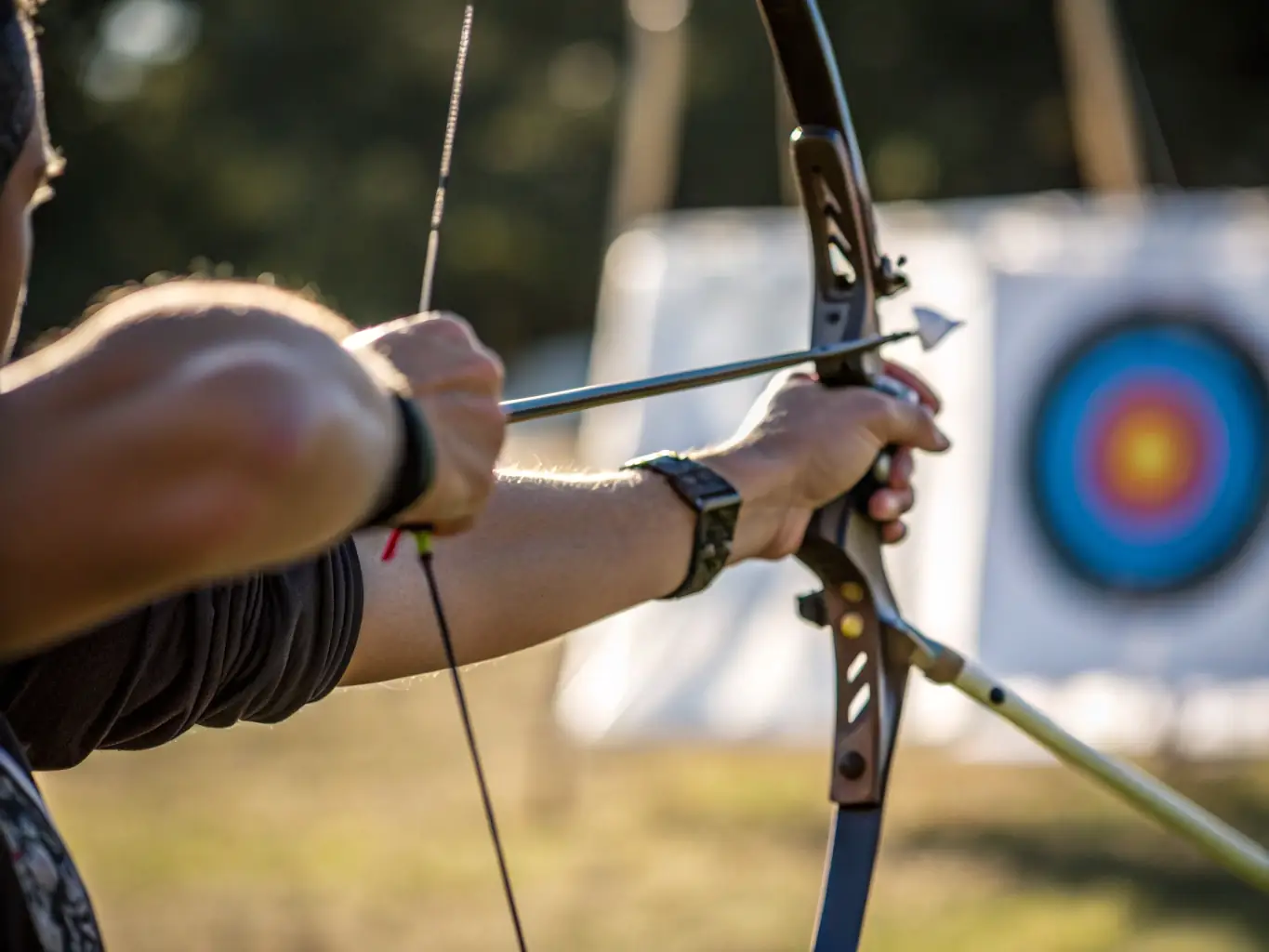 A close-up shot of an archer's hand drawing back the bowstring, illustrating the precision and focus required in archery.