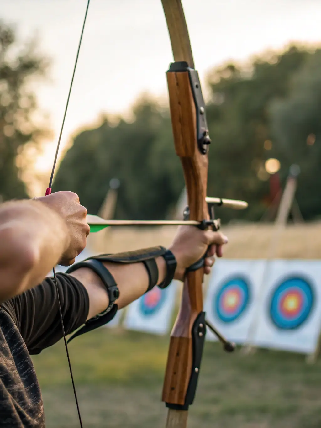 A high-definition photograph capturing the intensity of an archer competing in a national archery competition, focusing on the archer's focused expression and the precision of their stance.
