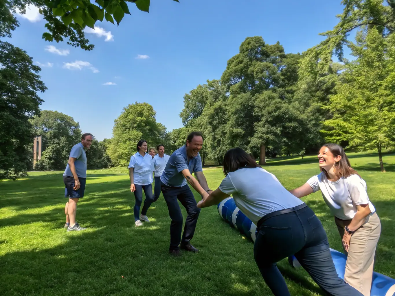 Participants engaging in a team-building activity that incorporates archery skills, such as target shooting challenges or collaborative games. The setting is a recreational area with archery equipment adapted for group activities.