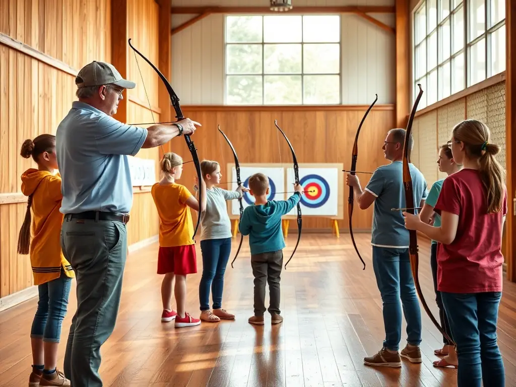 A group of members practicing archery under the guidance of an instructor in a lush outdoor setting, focusing on proper form and technique.
