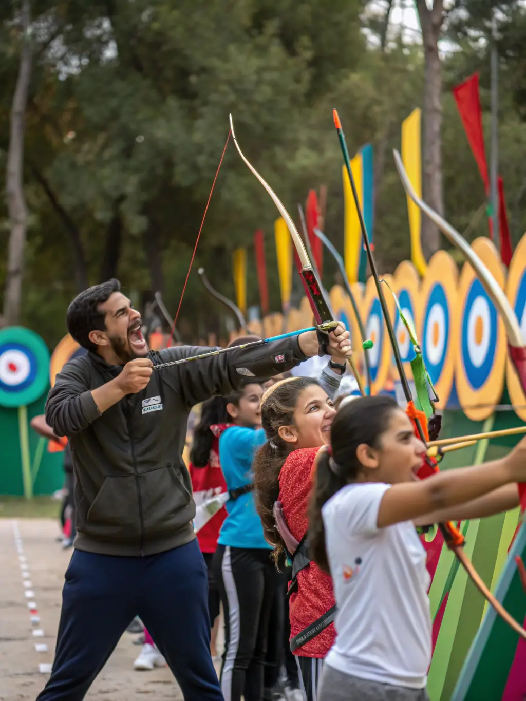 A vibrant image of participants engaged in an archery workshop, demonstrating various techniques and receiving guidance from experienced instructors.