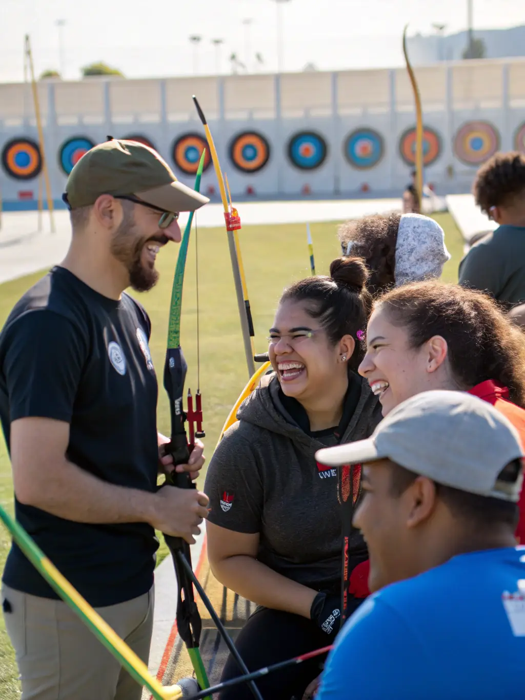 A dynamic shot of a group of archers participating in a friendly club competition, highlighting the camaraderie and competitive spirit of LES ARCHERS BOZOULAIS.