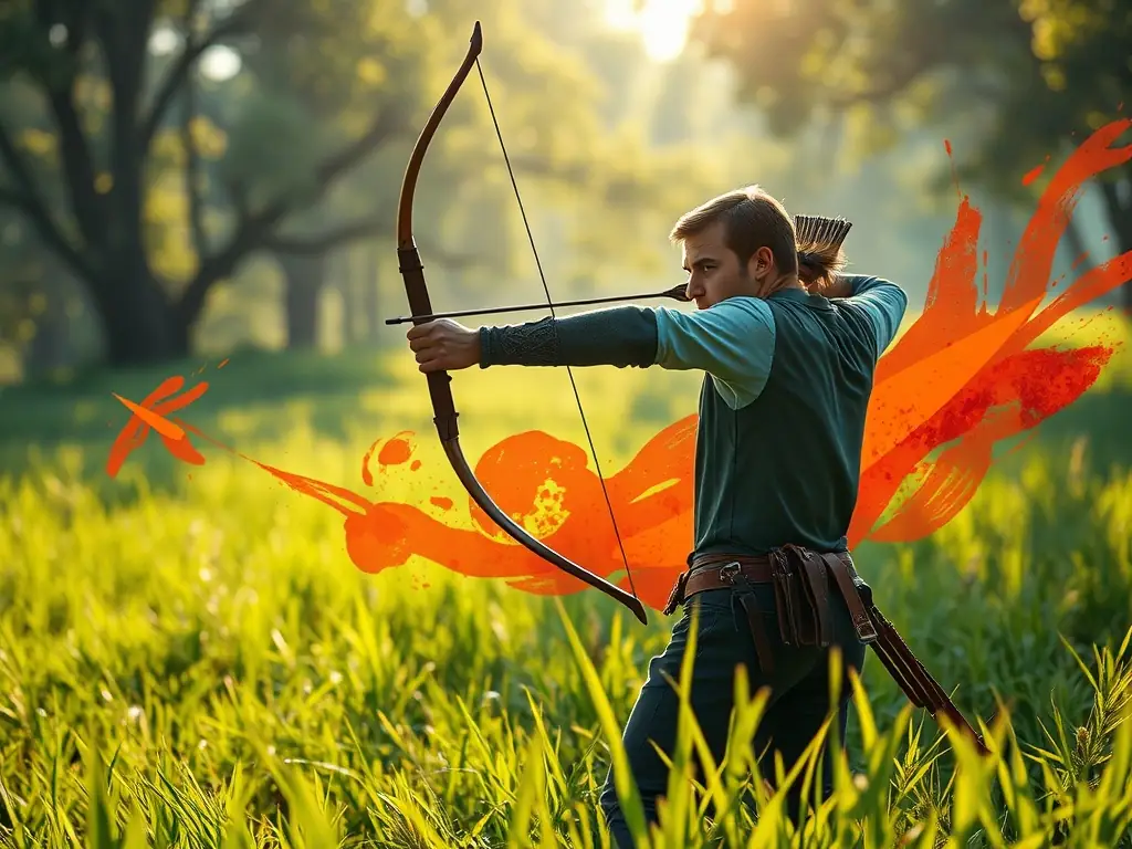 A dynamic archer skillfully drawing back their bow during a local archery competition, showcasing focus and precision.