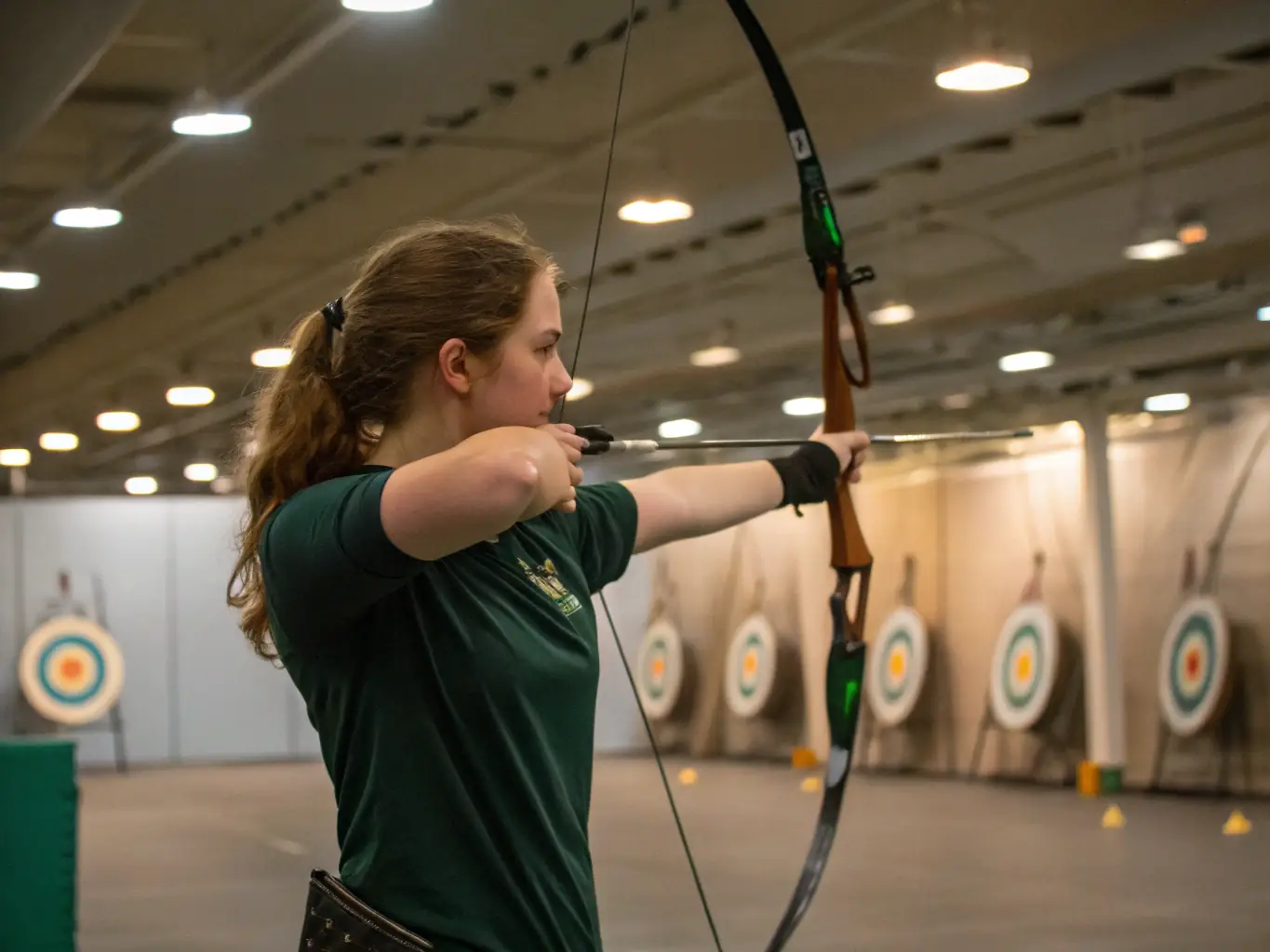 A skilled archer demonstrating advanced archery techniques during a training session, focusing on precision, form, and consistency. The setting is an indoor archery range with professional-grade equipment.
